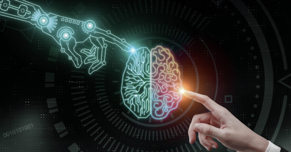 ai meets human touching fingers on a augmented brain showing one half digital the other have human brain