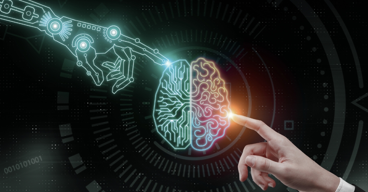 ai meets human touching fingers on a augmented brain showing one half digital the other have human brain